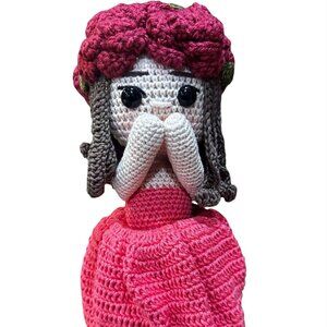 Unique Handmade Crocheted Magenta Dress Doll Flower Bouquet 12" X8"